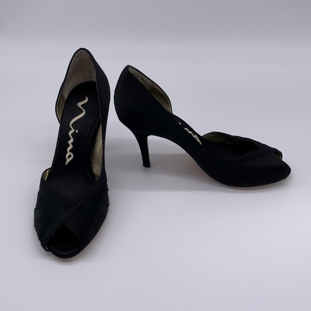 NINA Open Toe Satin Pump high heel black Sz 5.5